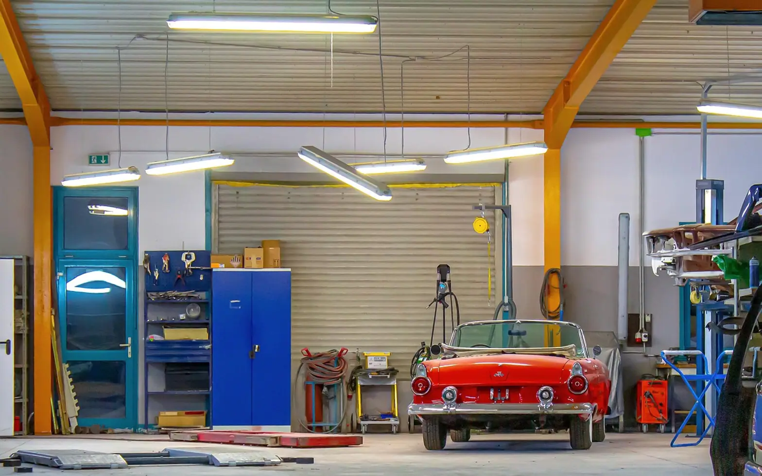 Antique car, garage and repair