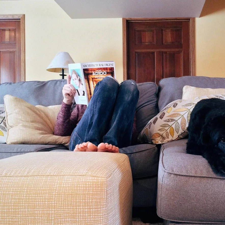 Person, home and relax